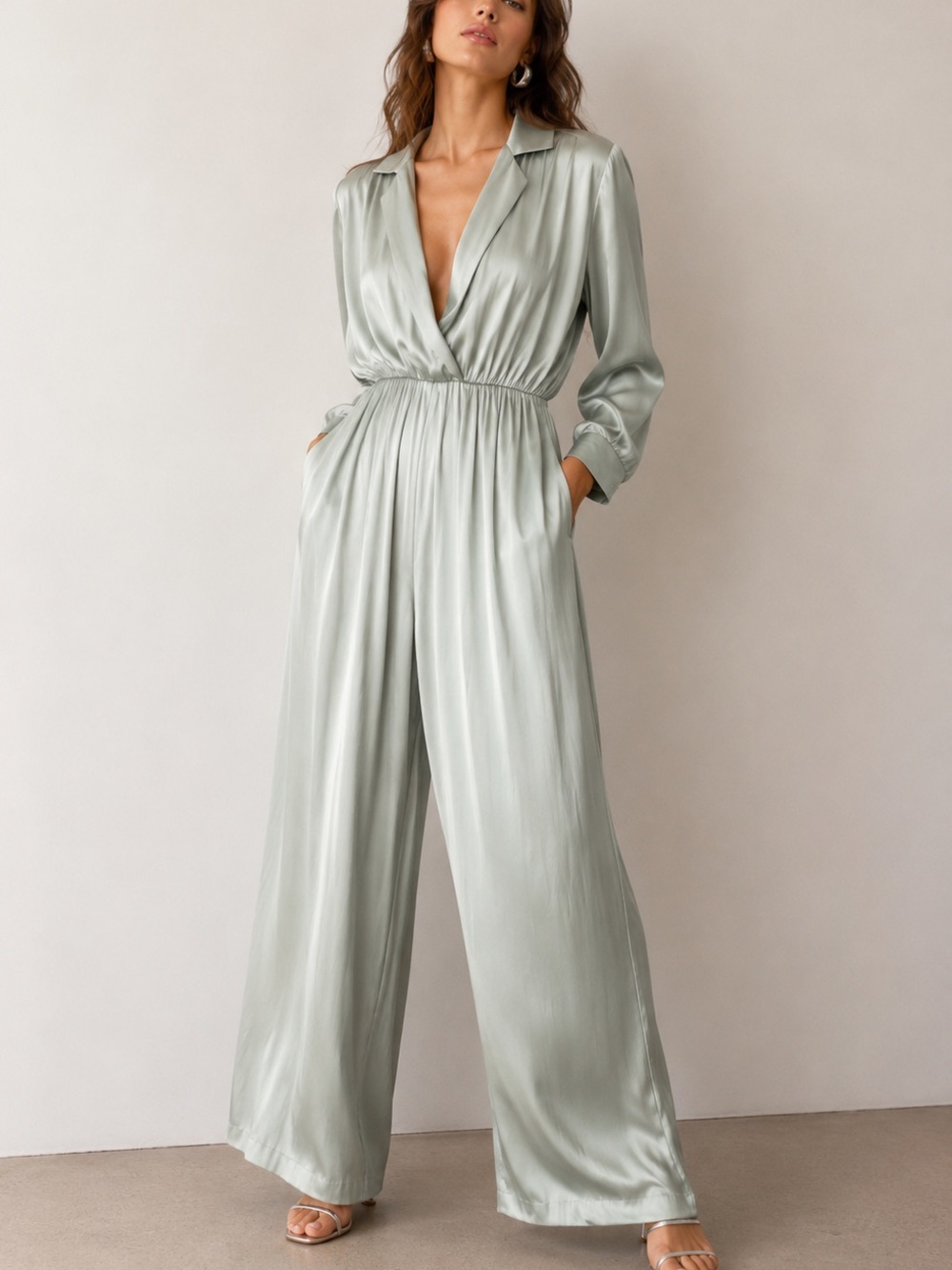JOIE Satin Jumpsuit Seafoam Green Wide Leg Long Sleeve Belt Loops Womens Large - Picture 1 of 4
